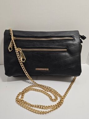 NWT Rampage Black Chevron Quilted Double Zip Crossbody Bag Gold Chain